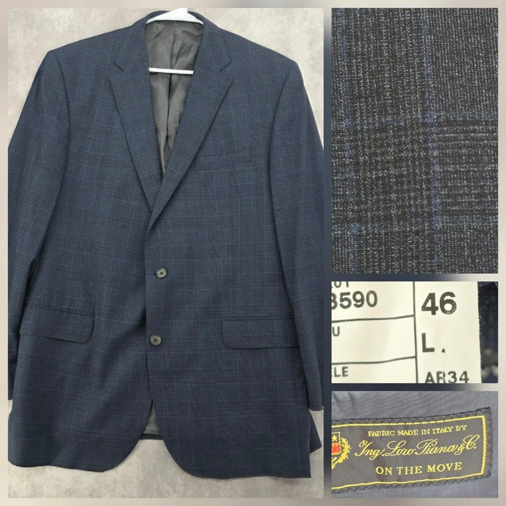 Cremieux‎ Performance Loro Piana Mens Wool Blazer 46L 40 Navy Plaid Sport Coat